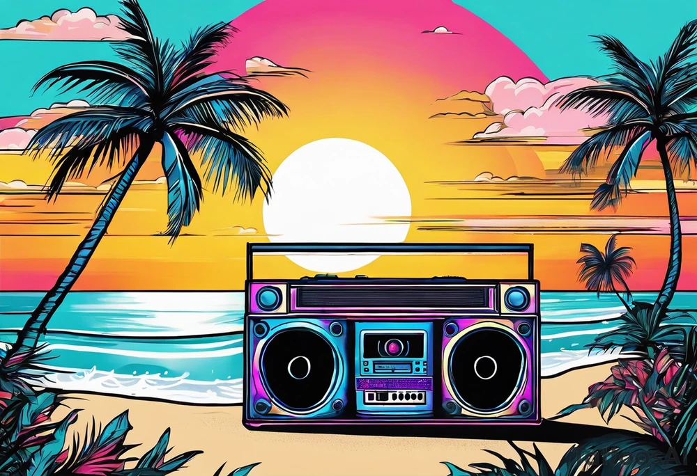 1980'S BOOM BOX MIAMI VICE STYLE, BEACH SUNSET, PALM TREES, MUSIC NOTES tattoo idea