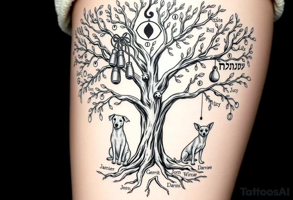 Hippy beech tree full of life. 
Jamie, Derek, Iris, John, bill, Winnie names in the roots, Mavis, Garhi, Mickey, Pam, Lucy, in the branches at the top. Names can be in Hebrew. 
Three dogs a Rhodesian Ridgeback, King Charles cavalier and chihuahua. 
Prett, feminine ornate. Boxing gloves hanging from tree maybe with an all seeing eye overseeing it all. Must be feminine and pretty tattoo idea