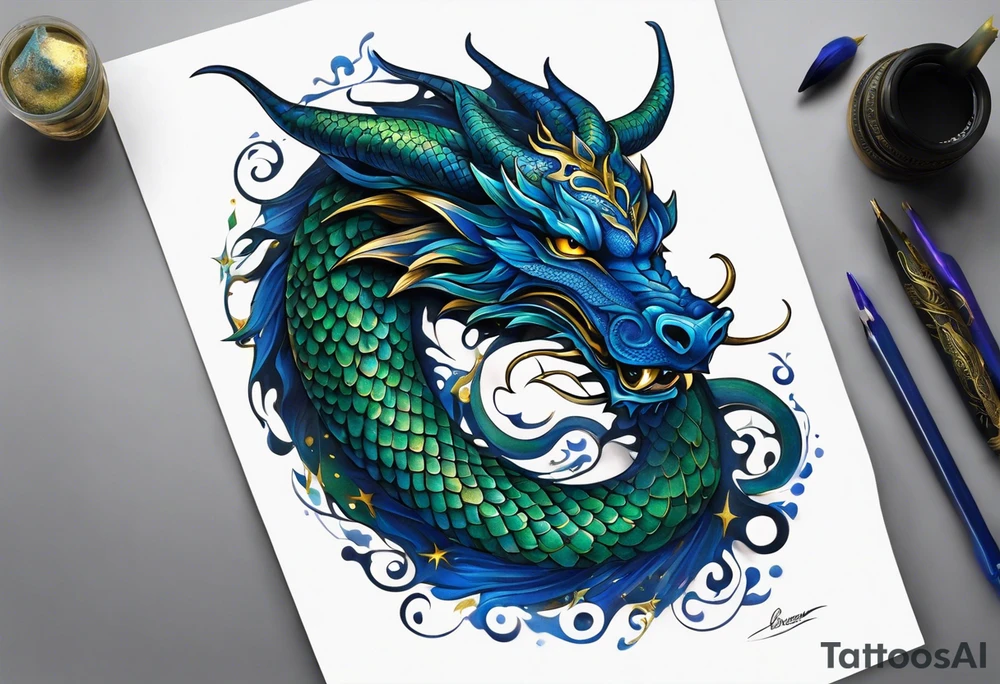 Surrealistic Tattoo: An epic with no wings, floating. Its long body coiling dynamically, with scales and horns detailed to create a sense of movement and strength. The dragon's main color is midnight blue but features accents in green, blue, and gold, giving a vibrant depth and a mystical aura. This tattoo highlights the dragon’s fierce expression and sharp claws as it wraps protectively around the leg. Style: Surrealism tattoo idea