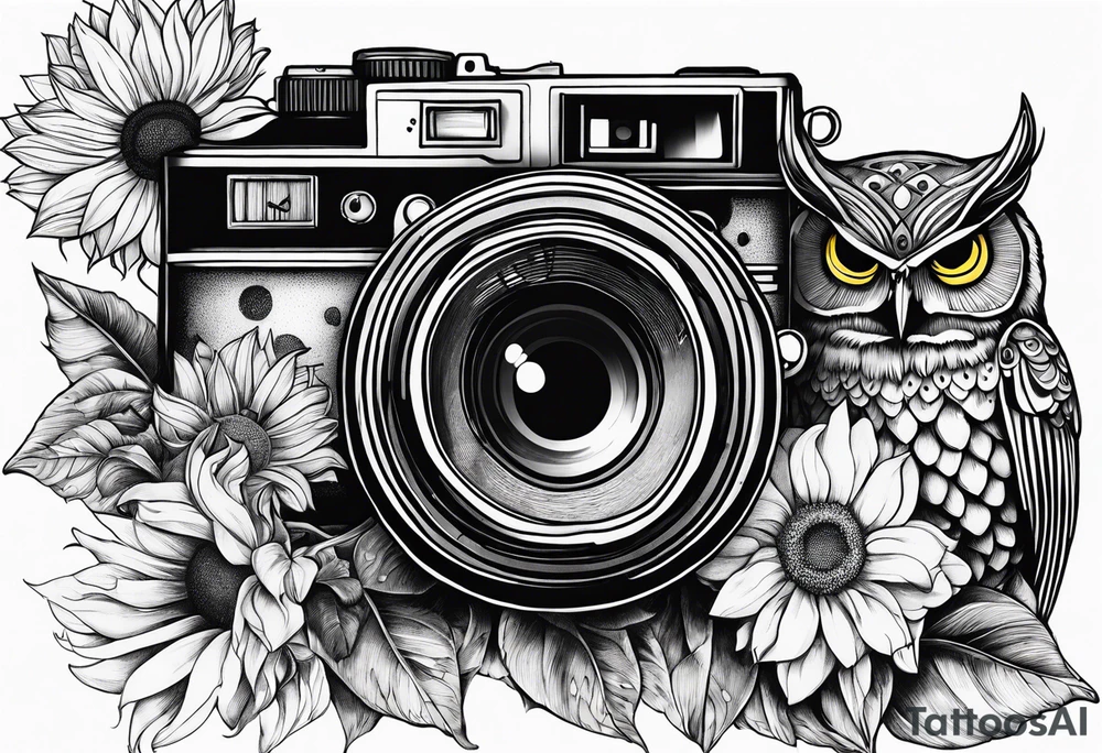 sunflower, camera, fish, owl tattoo idea