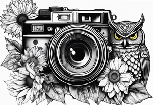 sunflower, camera, fish, owl tattoo idea