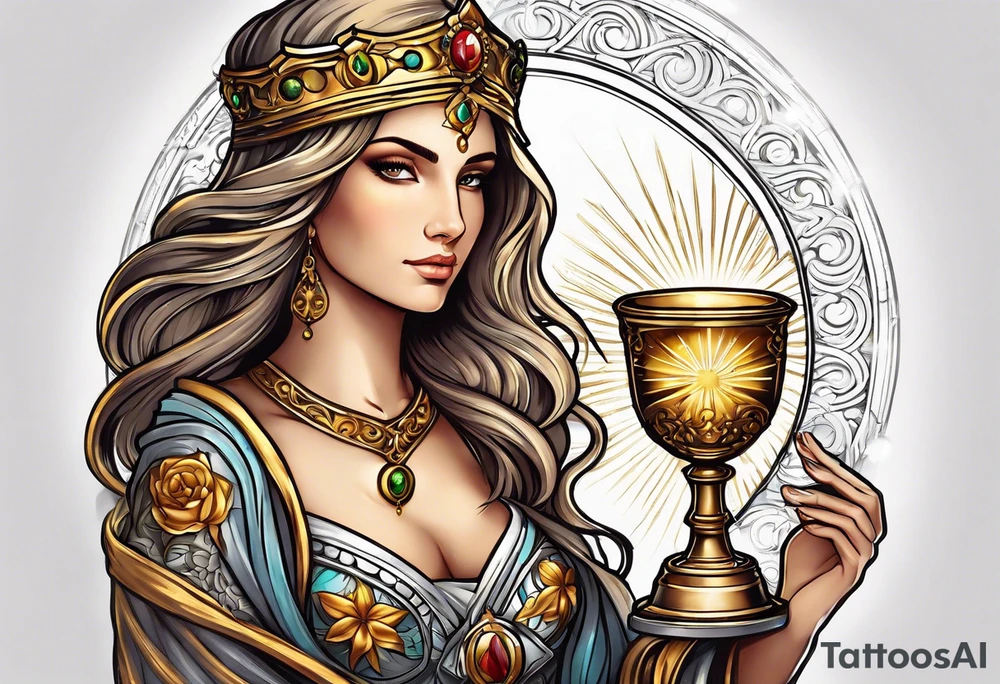 woman saint holding chalice surrounded by golden halo tattoo idea