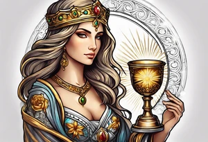 woman saint holding chalice surrounded by golden halo tattoo idea