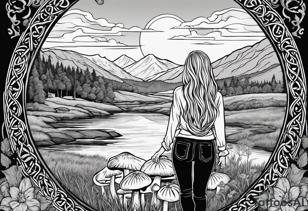 Whole picture encircled fully

Straight long blonde hair hippie girl in distance holding mushrooms in hand facing away toward mountains and creek surrounded by mushrooms long sleeve shirt and hiking pants; whole rendering within a full celtic circle, no cut off circle tattoo idea