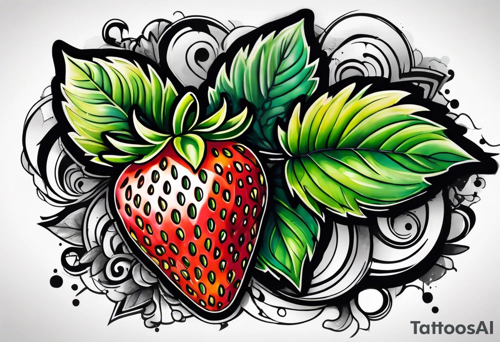 One Strawberry in a graffiti very surreal style tattoo idea