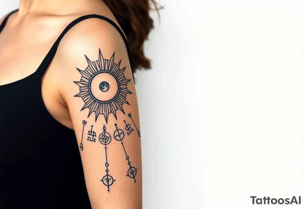 celestial sun and moon with constellation patterns runes in starry sky tattoo idea