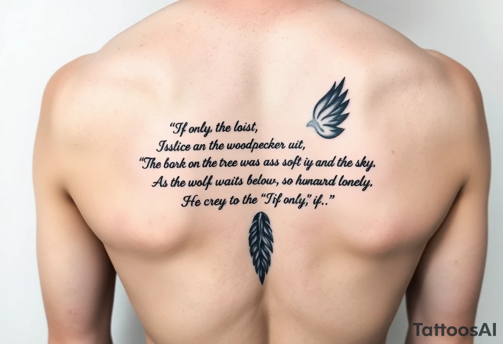 “"If only, if only," the woodpecker sighs,

The bark on the tree was as soft as the sky.

As the wolf waits below, so hungry and lonely,

He cries to the moon, "If only, if only."” 
written as a tattoo on rib cage tattoo idea