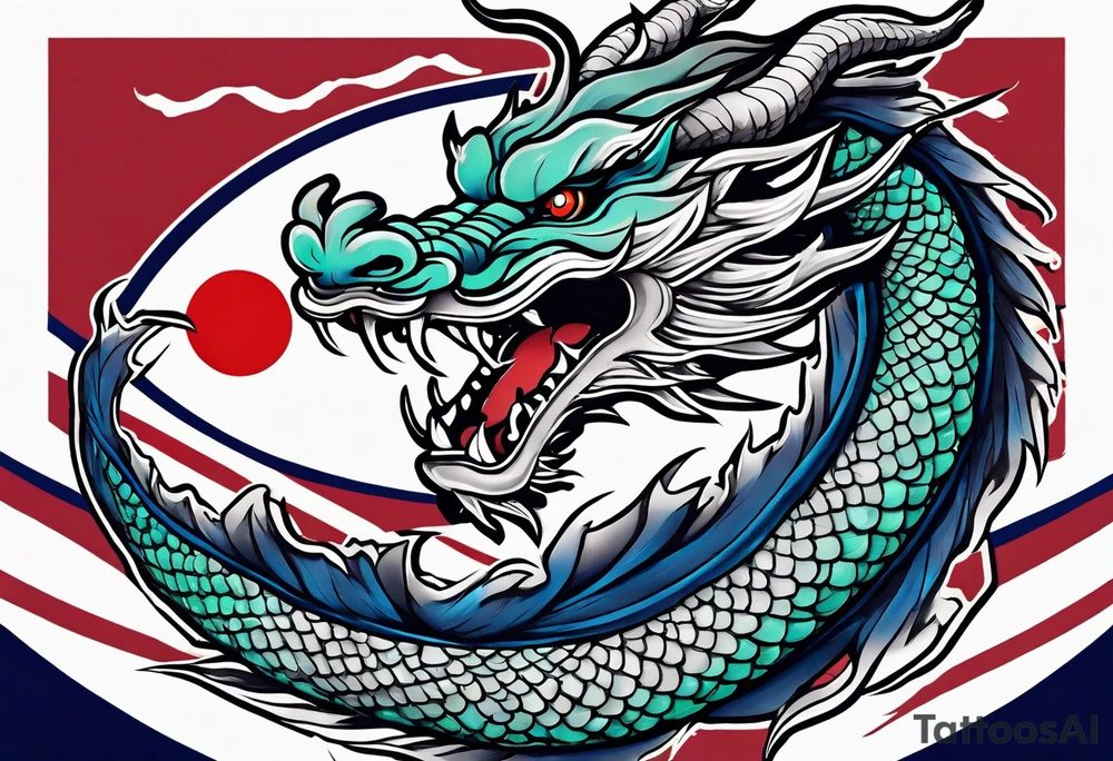 Asian dragon wrapping around an anchor centered on the Korean flag tattoo idea