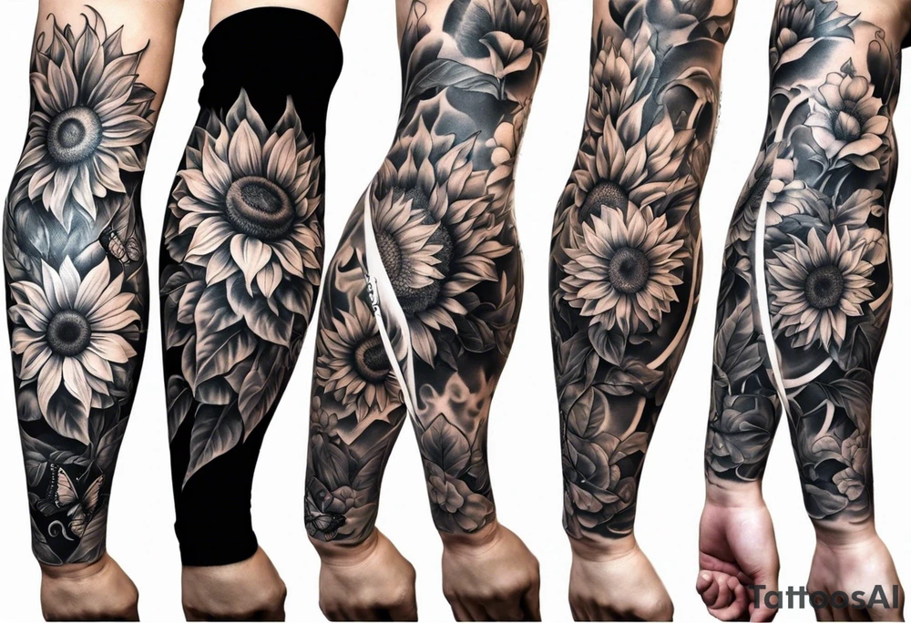 Arm sleeve with sunflowers and butterflies tattoo idea