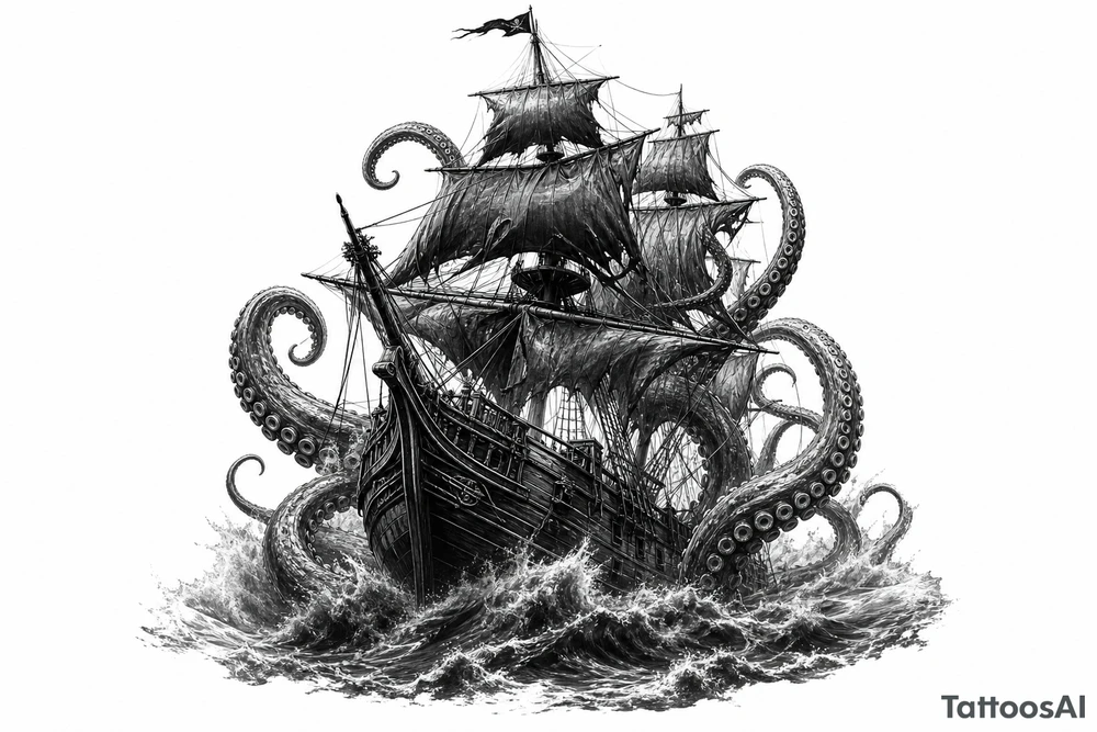 Black and grey pirate ship battling kraken tentacles, dark ocean, dramatic lighting. tattoo idea
