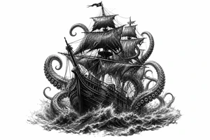 Black and grey pirate ship battling kraken tentacles, dark ocean, dramatic lighting. tattoo idea