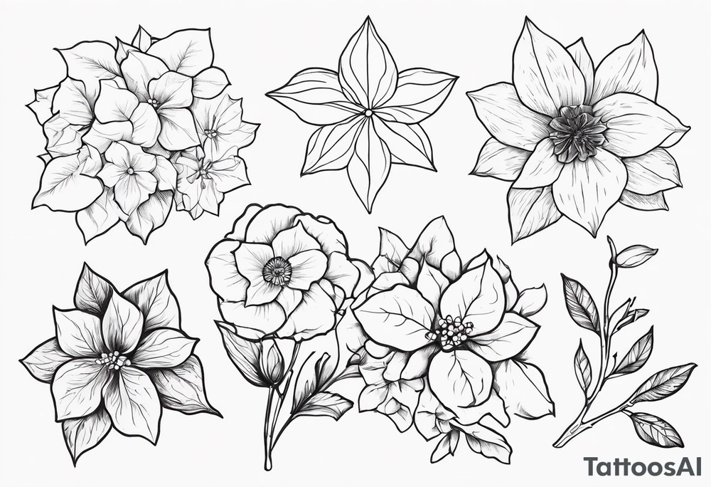 Hydrangea, Narcissus, Poinsettia, Holly, Gladiolus, Poppy, Daisy, Sweet Pea floral tattoo idea