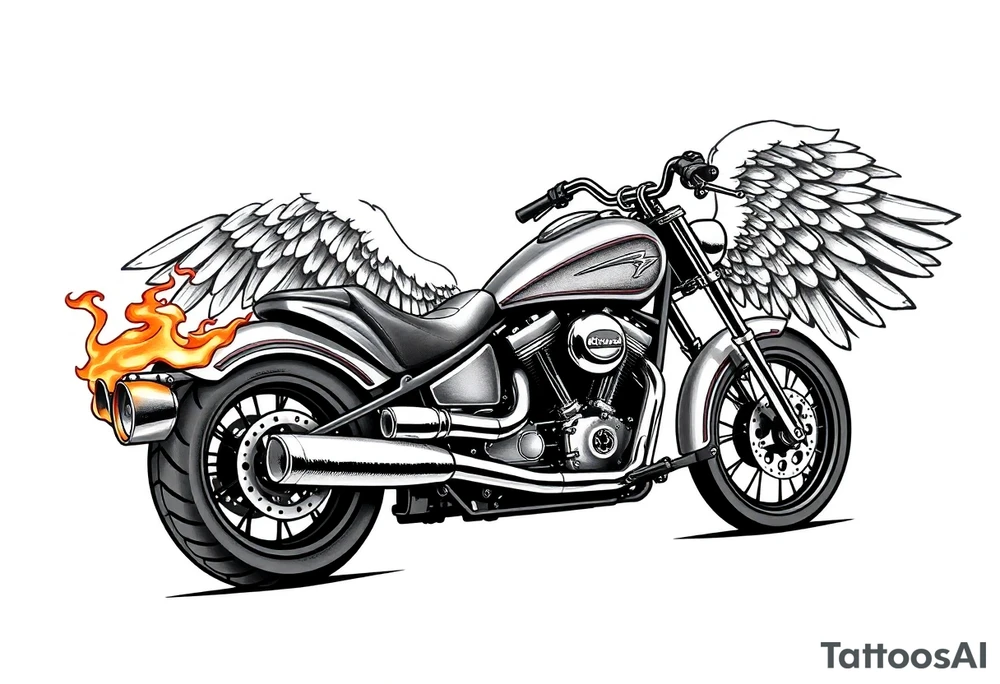 Low rider grey motorcycle, big muffler pipes with flames, angel wings, driving away, no person tattoo idea