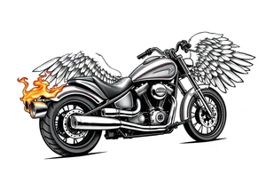 Low rider grey motorcycle, big muffler pipes with flames, angel wings, driving away, no person tattoo idea