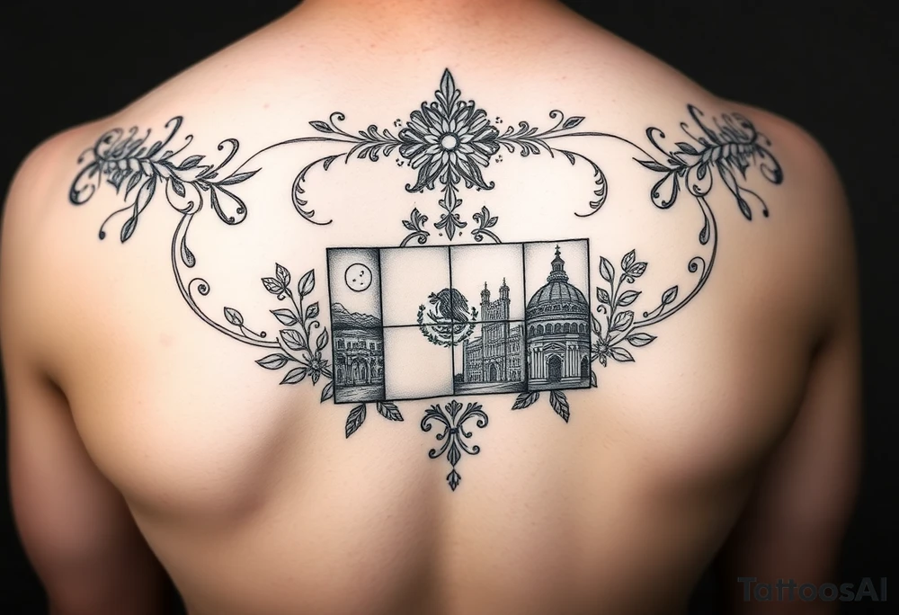 Small, feminine tattoo for placement on my clavical or lower back that reflects new life journey, delicate florals, ornaments and vines. Include Mexican flag and images of San Miguel de Allende, Mexico Style as if it is four tiles. tattoo idea