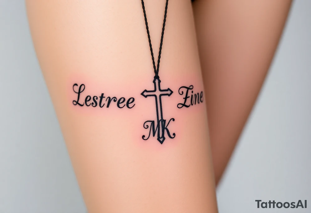 Cross with necklace on leg with initial MK tattoo idea