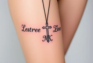 Cross with necklace on leg with initial MK tattoo idea