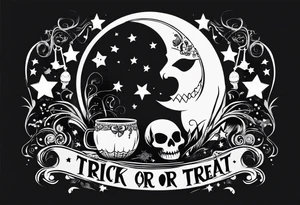 Trick or treat, 20 oz tumbler banner design, candy, minimalist, potions, brew, broom, spellbound, voodoo, cat, poly juice potion, moon, stars, sugar skull tattoo idea