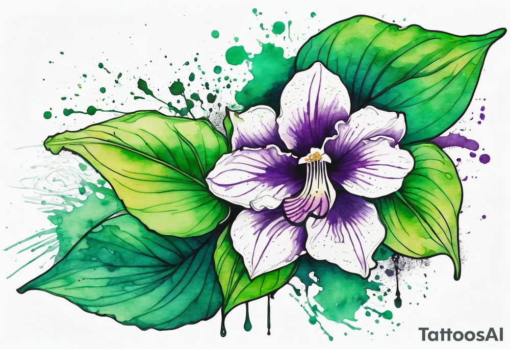An outline of a green rio dipladenia flower and a green and purple watercolor splash in the background tattoo idea
