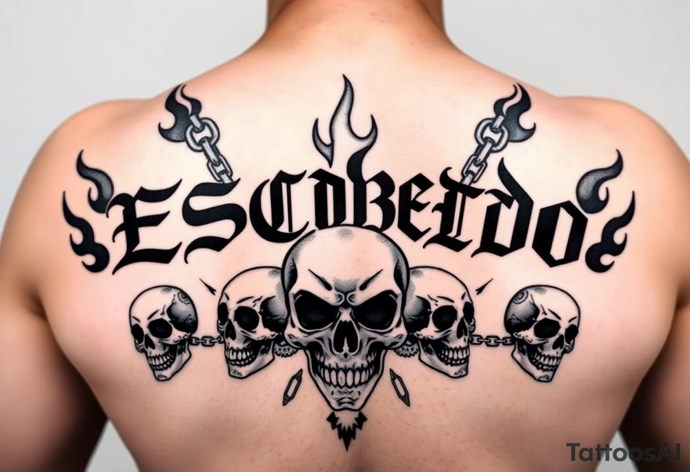 In the style of emo-gothic punk, a full upper back tattoo with the name 'Escobedo' in bold across the shoulders, untouched by surrounding elements. Black flame outlines rise behind the name, symmetrical and sharp, with no shading or grayscale. Chains loop through flame gaps in clean, flowing black lines. Cracked skull on the left shoulder blade, snarling skull in the center spine area, screaming or laughing skull on the right shoulder blade—each with Aztec or Chicano-style forehead patterns. All linework only, no color, stencil-ready, forming a halo of fire, death, tattoo idea