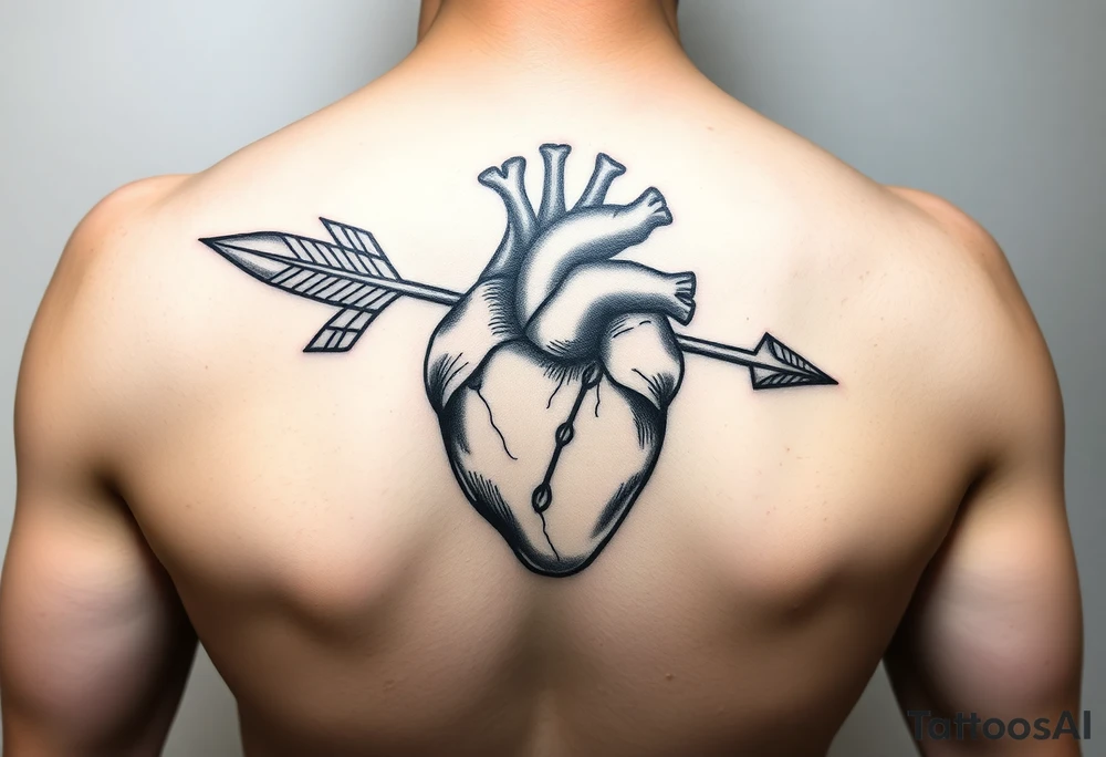 anatomical heart pierced by ornate arrow with flowing ribbons tattoo idea