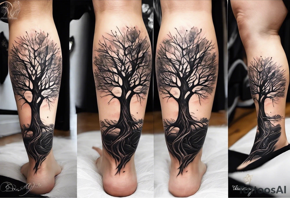 A Tattoo of a tree. Tree roots starting from my toes and growing upwards onto my leg into a tree.size of tattoo should not go above my knee tattoo idea