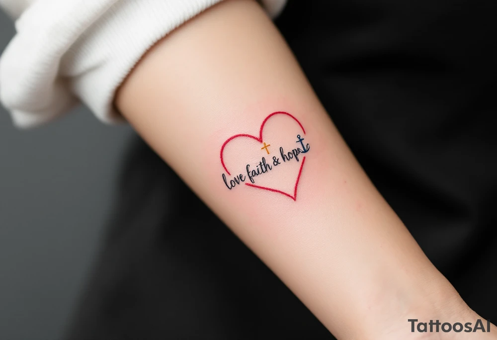 Tiny black font love faith hope placed within a heart outline in red, with a gold cross on top and a blue anchor below. tattoo idea