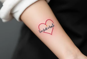 Tiny black font love faith hope placed within a heart outline in red, with a gold cross on top and a blue anchor below. tattoo idea