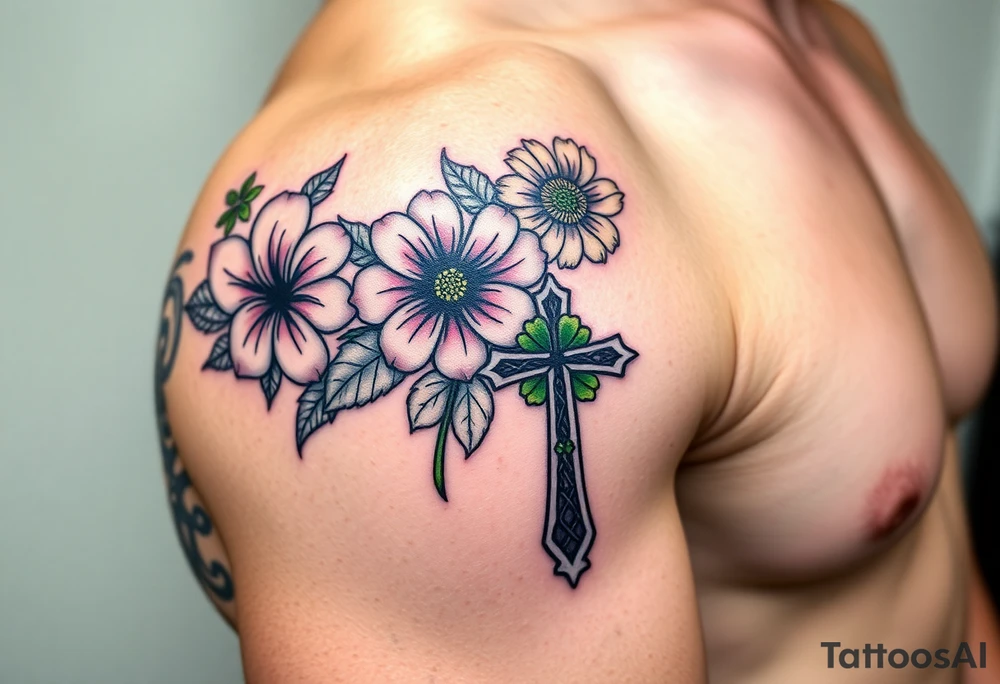shoulder half sleeve tattoo with black and green celtic knots weaving throughout, bright colorful hibiscus flowers, sunflowers and a celtic cross with green 4 leaf clover tattoo idea
