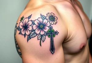shoulder half sleeve tattoo with black and green celtic knots weaving throughout, bright colorful hibiscus flowers, sunflowers and a celtic cross with green 4 leaf clover tattoo idea