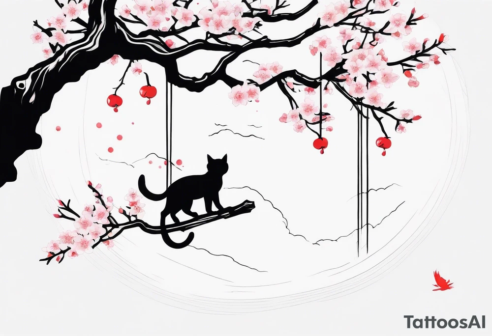 elongated cherry blossom branch meeting with a dying pine tree with hidden cute demon cat tattoo idea