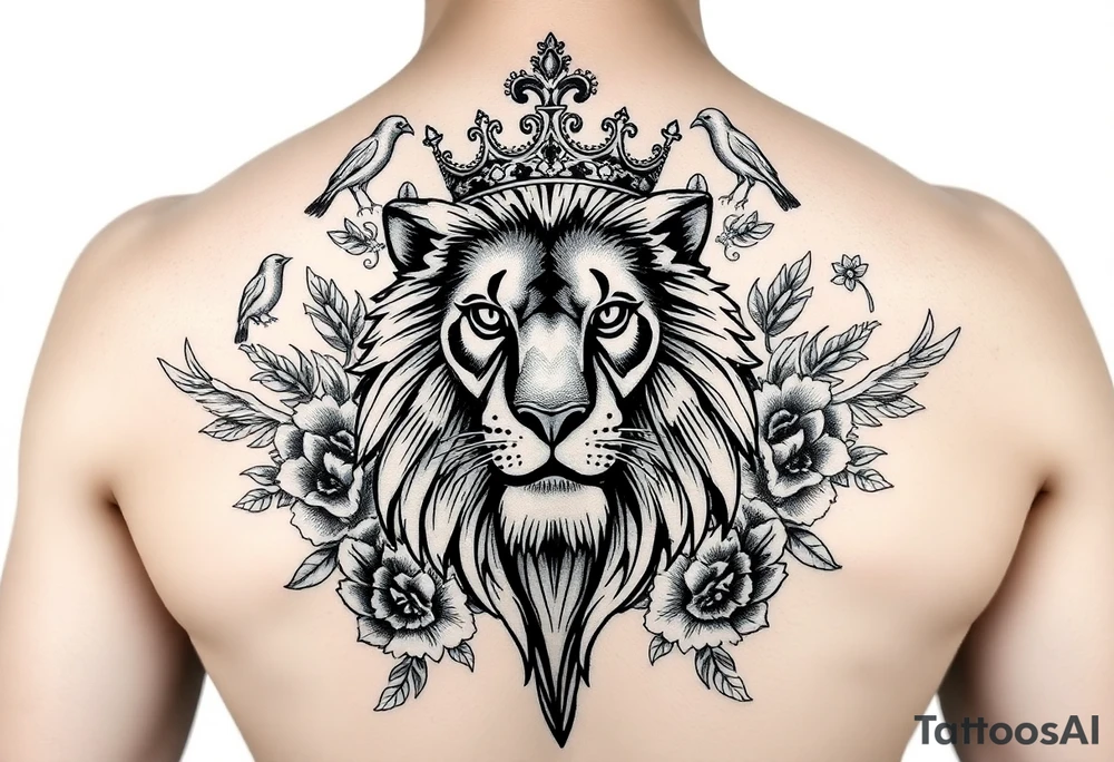 powerful majestic lion with a crown, surrounded by floral ornaments and birds tattoo idea