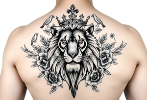 powerful majestic lion with a crown, surrounded by floral ornaments and birds tattoo idea