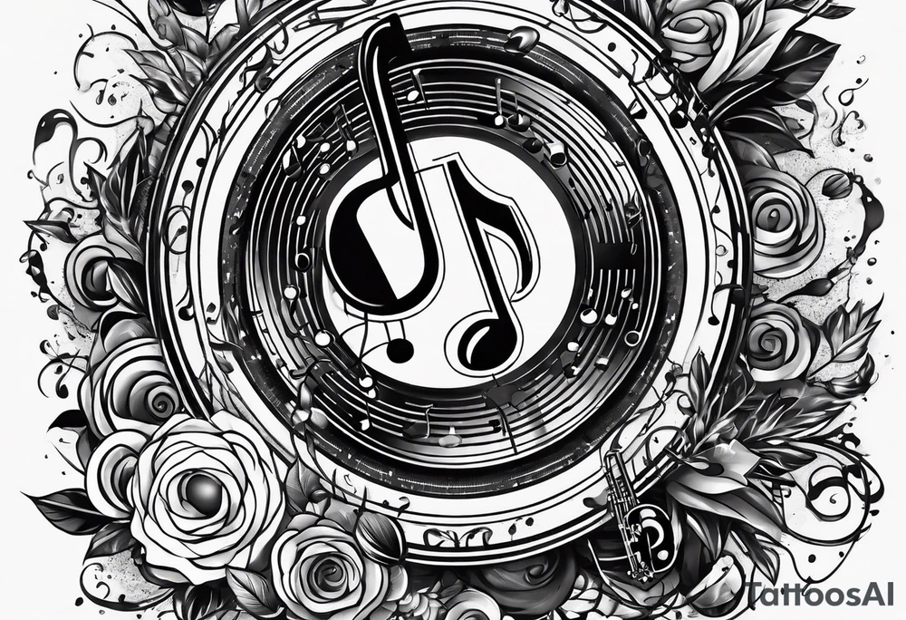 music notes surrounded by a record, a cassette tape, and saxophone parts tattoo idea