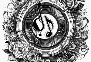 music notes surrounded by a record, a cassette tape, and saxophone parts tattoo idea