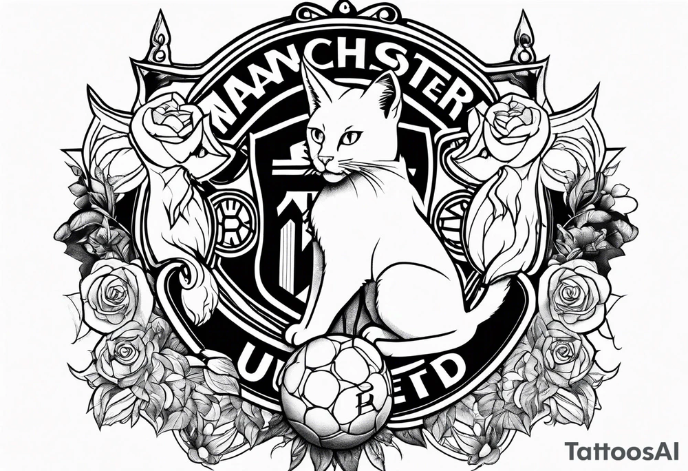 Manchester United, two cats, God, edm, all combined into one art tattoo idea