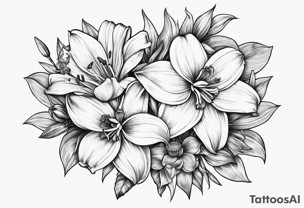 bouquet of flowers containing one lily, one daisy, one daffodil, and one narcissus. fine line with the stems in a bouquet tied by a bow. tattoo idea