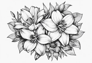 bouquet of flowers containing one lily, one daisy, one daffodil, and one narcissus. fine line with the stems in a bouquet tied by a bow. tattoo idea