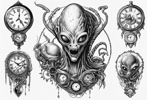 Alien holding a broken clock tattoo idea