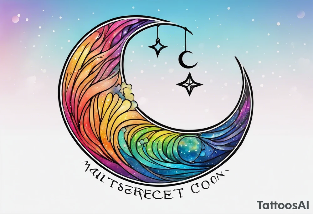 Small crescent moon with a rainbow tattoo idea