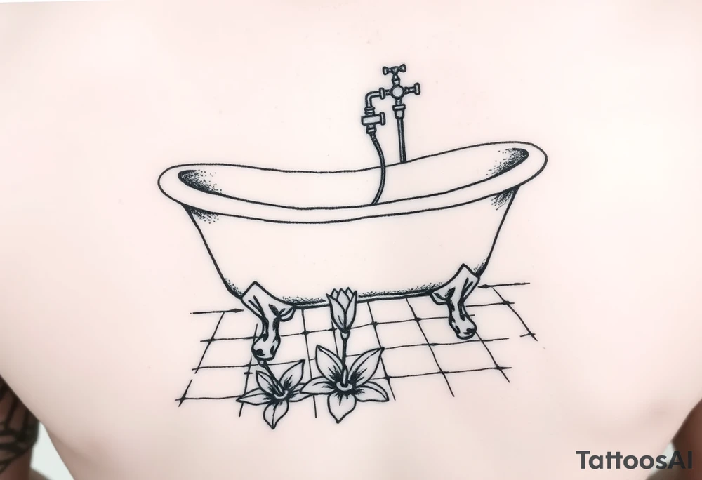 clawfoot bathtub with simple faucet and lily coming up out of the tile floor tattoo idea