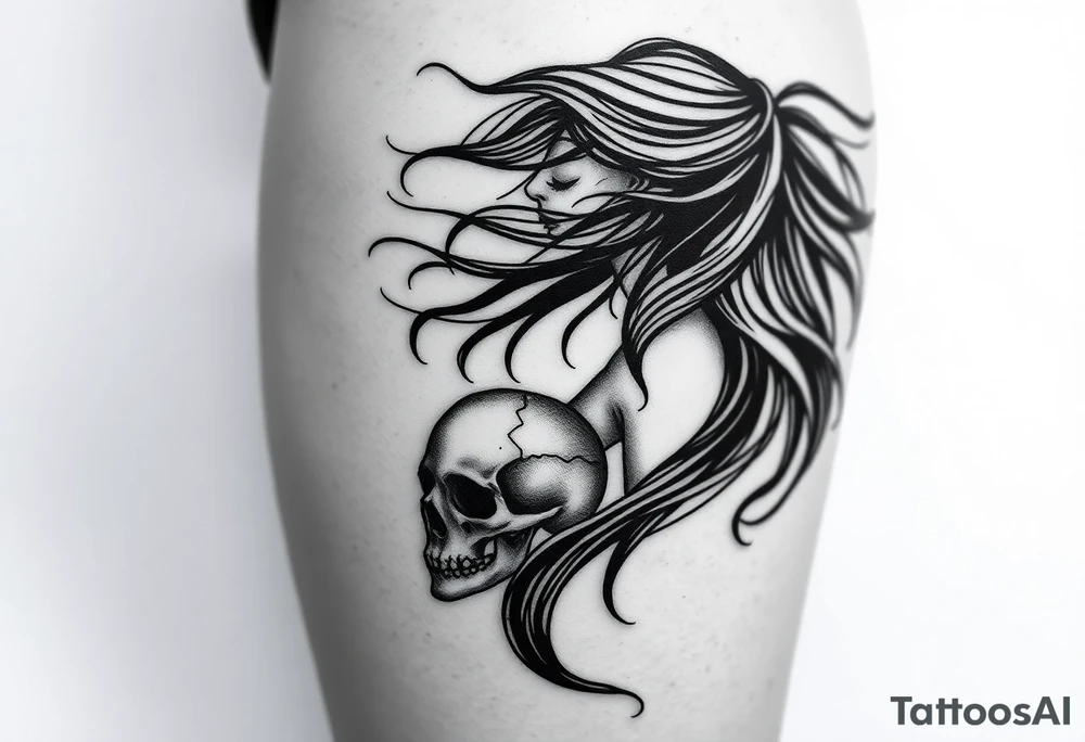Woman in profile with hair blowing in a wind holding a skull.  Viking runes in the background tattoo idea