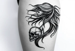 Woman in profile with hair blowing in a wind holding a skull.  Viking runes in the background tattoo idea