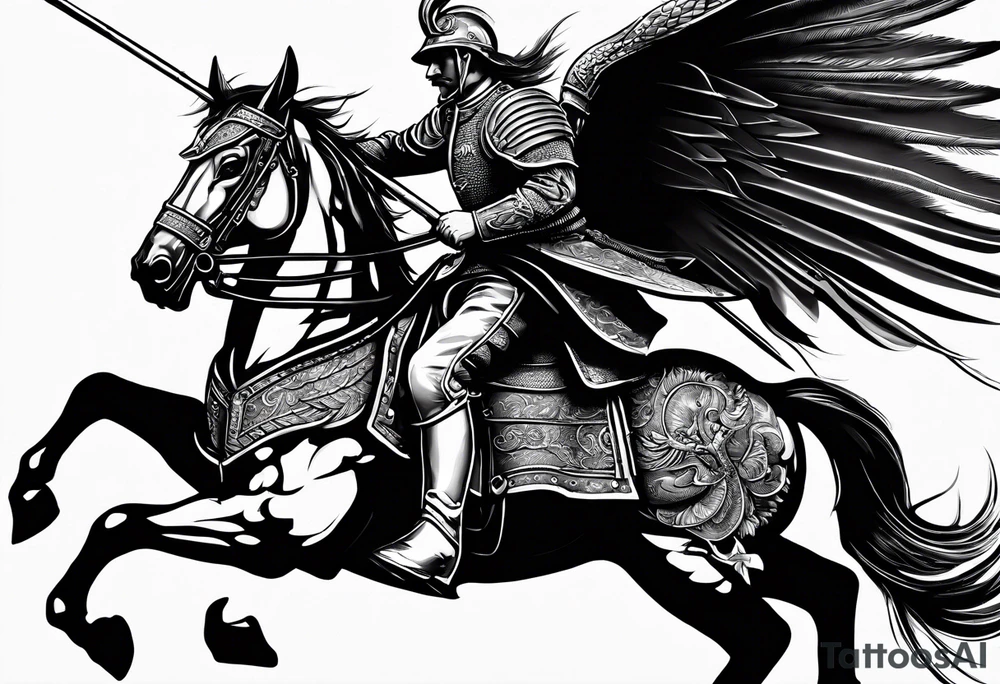 Polish Hussar Cavalry Soldier Rushing towards enemy, wings turned into dragon wings, charging with a spear that breaths fire tattoo idea