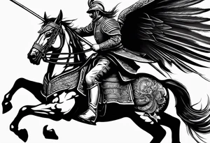 Polish Hussar Cavalry Soldier Rushing towards enemy, wings turned into dragon wings, charging with a spear that breaths fire tattoo idea