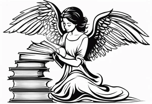 Small tattoo for shoulder. Angel kneeling next to open stack of books with bird silhouettes flying out of the book. tattoo idea