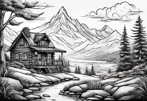 Whimsical landscape with cabin tattoo idea
