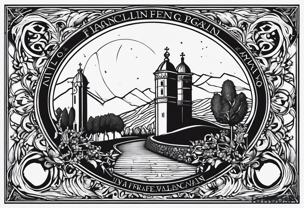 logo via francigena , pellegrino con zaino e bastone tattoo idea