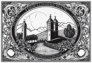 logo via francigena , pellegrino con zaino e bastone tattoo idea