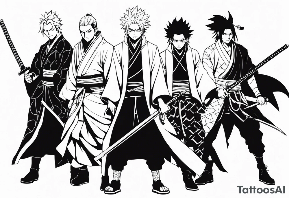 Can you create a full sleeve with Muichiro, Obanai, Rengoku and Giyuu from Demon Slayer and Choso, Gojo and Megumi from Jujutsu Kaisen tattoo idea